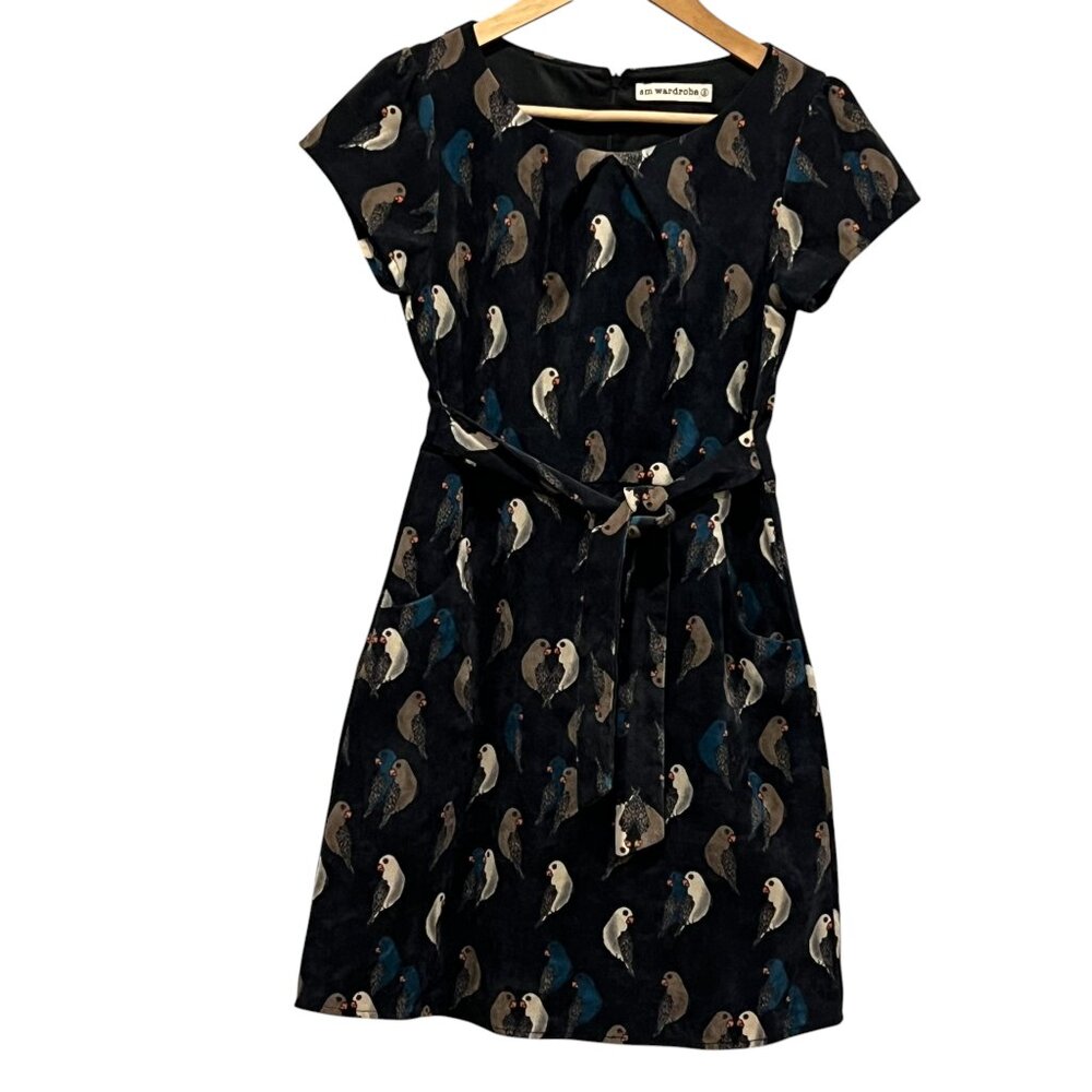 SM Wardrobe Bird Print Corduroy Mini Dress, Black Multi, S